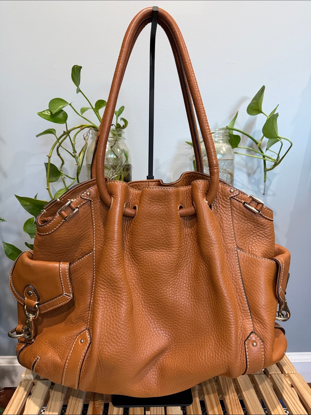 Cole Haan Cognac Brown Pebbled Leather Shoulder Tote Bag Side Pockets